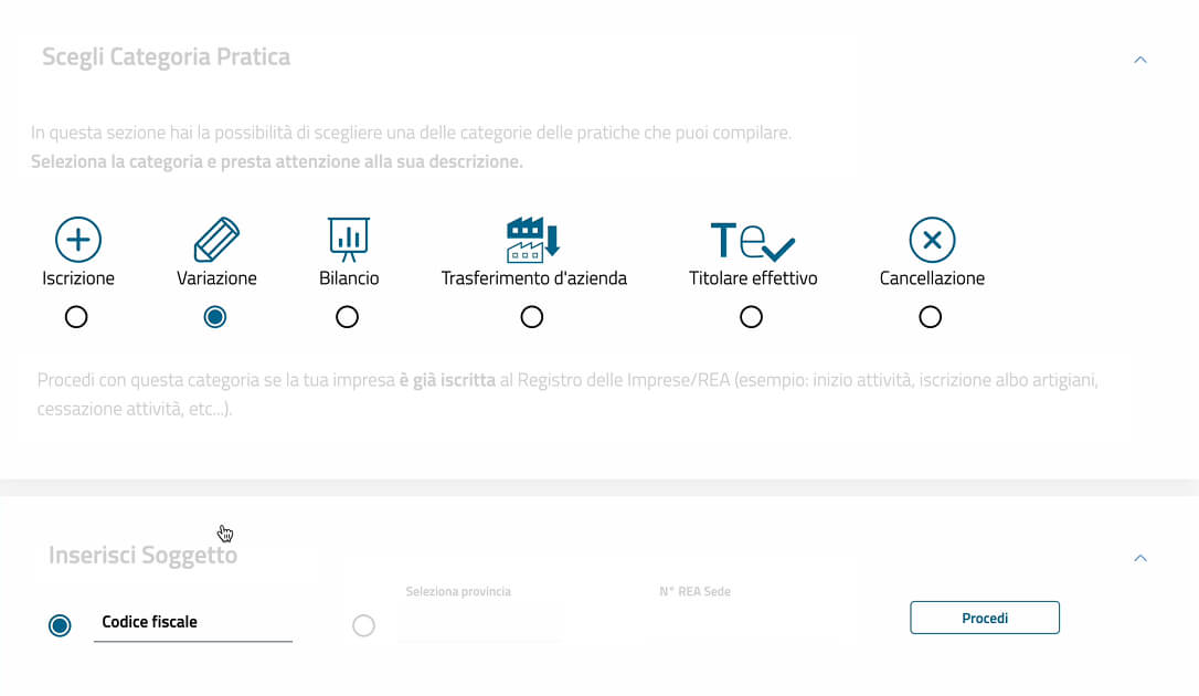 Screenshot: selezione tipo pratica