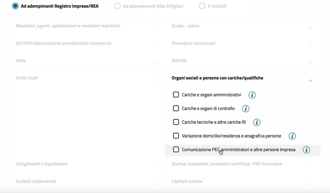 Screenshot: selezione tipo adempimento