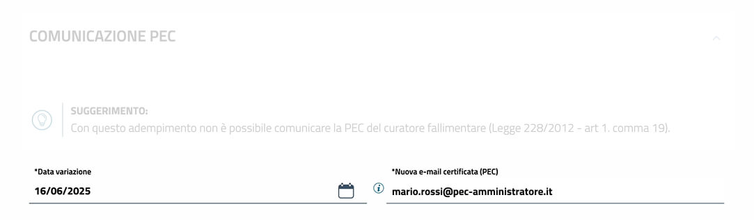 Screenshot: comunicazione pec amministratore